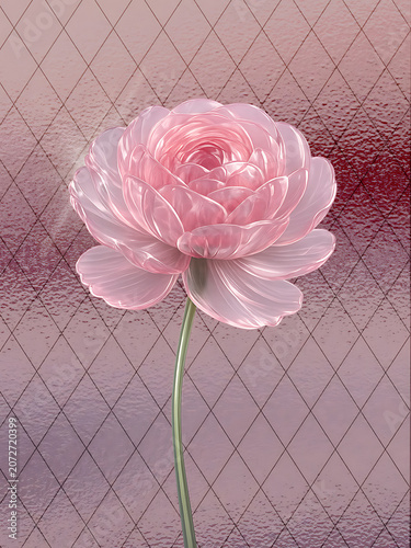 Pink glass flower isolated on a geometric textured background. Crystal peony sculpture with translucent petals. 