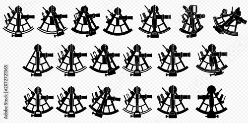 Tableau sur toile Collection of navigational sextant icons in black silhouette, representing traditional maritime instruments for celestial navigation and position finding
