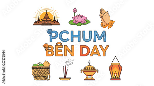 Foto Pchum Ben Day Celebration Icons: A vibrant collection of illustrative icons representing the spirit and traditions of Pchum Ben Day, including religious landmarks, symbols of offering