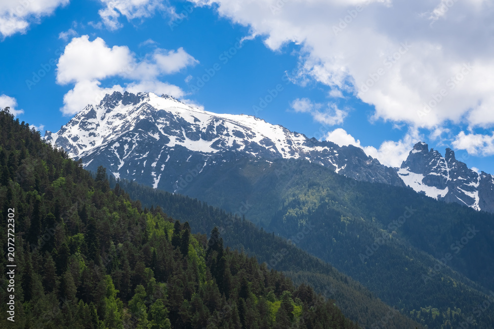 Obraz premium Snow-covered peaks tower over dense green forests beneath a clear blue sky with fluffy clouds, creating a picturesque mountain landscape
