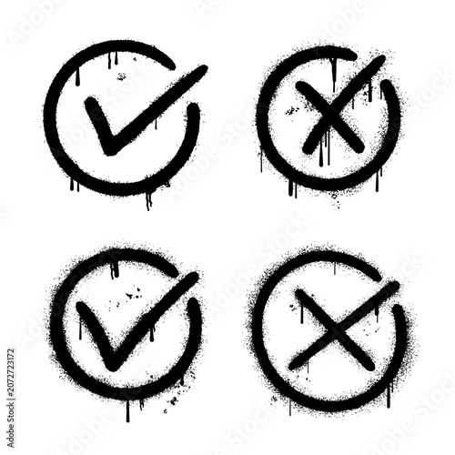 Graffiti Check Mark And Cross Spray Paint Circle Elements Set