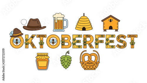 Obraz na plátne Oktoberfest Festival Typography: Vibrant lettering spells out Oktoberfest adorned with iconic German festival symbols like a beer mug, pretzel, hat, beehive, and hops, celebrating Bavarian culture