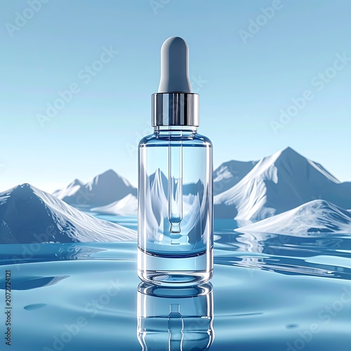 A glass dropper bottle with liquid stands on water with mountains