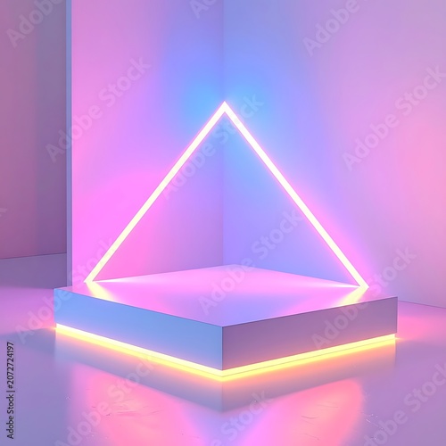 A glowing triangular prism sits atop a square platform in a room