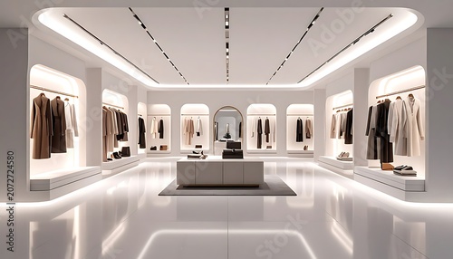 A modern, brightly lit clothing store interior with sleek display