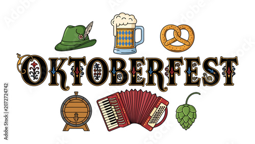 Schilderij op canvas Oktoberfest Celebration Icons: A vibrant collection of illustrated icons representing Oktoberfest, including a traditional Bavarian hat, a frothy beer mug, a salted pretzel, a wooden barrel