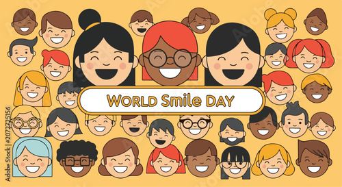 Slika na platnu Diverse cartoon faces celebrate World Smile Day with big smiles