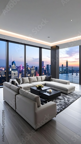 A modern living room with a city view at sunset (167)
