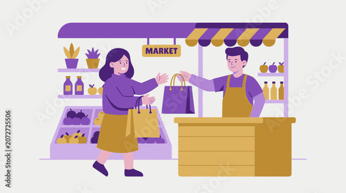 Vibrant Illustration of a Female Customer Shopping for Fresh Produce at a Local Market Stall with a Male Vendor Assisting Her with Groceries
