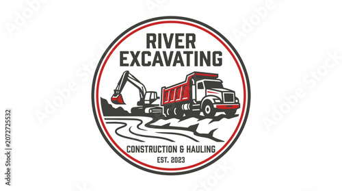 Classic distressed logo featuring heavy construction machinery, including an excavator and a dump truck, symbolizing robust earthmoving, hauling, and building services