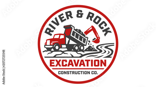Dynamic logo design for a construction and excavation company, featuring heavy machinery like a dump truck and excavator, symbolizing earthmoving services and land development projects
