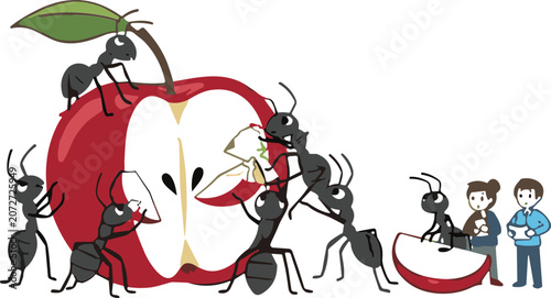 Photos Cartoon ants working together to carry red apple slices while tiny business peop