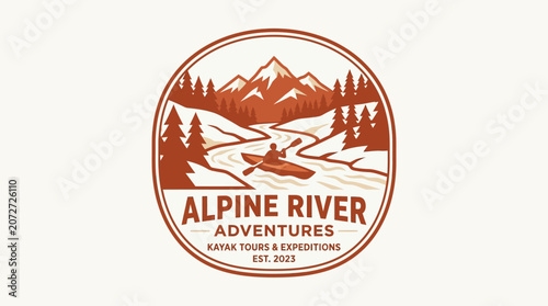 Scenic outdoor emblem featuring a kayaker navigating a mountain river, symbolizing adventure and exploration amidst a wilderness landscape with towering peaks and evergreen trees