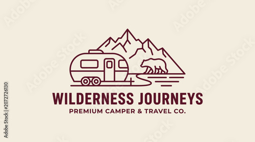 Monoline logo design for wilderness adventures and travel, featuring a vintage camper, majestic mountains, a flowing river, and a wild bear in a serene natural landscape, perfect for outdoor brands