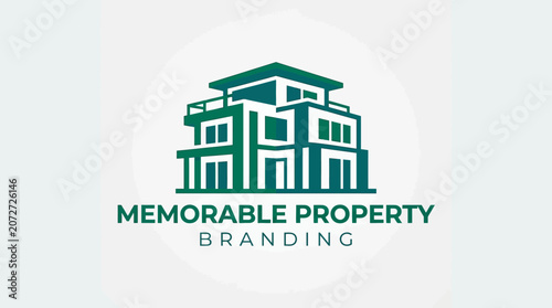 Modern architectural property logo design showcasing a sleek building structure, ideal for real estate branding and memorable property development companies, featuring green and teal colors