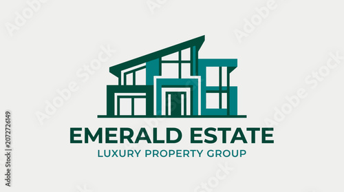 Modern luxury real estate logo design featuring an abstract green house icon, symbolizing a premium property group. Ideal for architectural, construction, or property investment branding