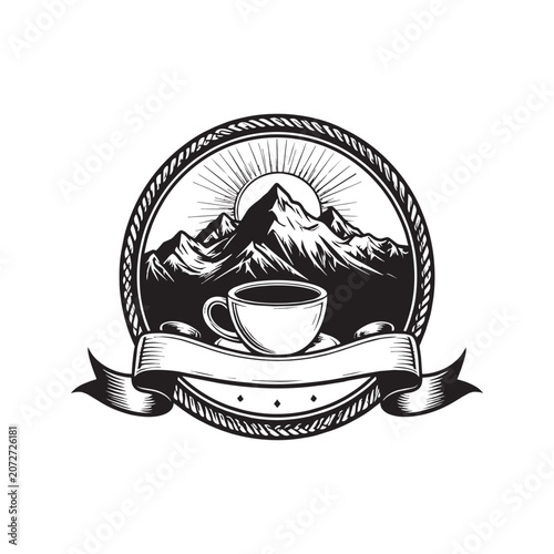 Vintage coffee cup with mountain landscape emblem.