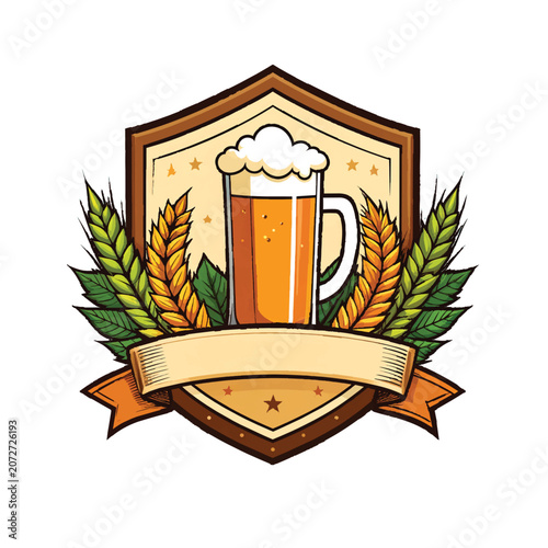 Vintage beer mug with wheat emblem design.