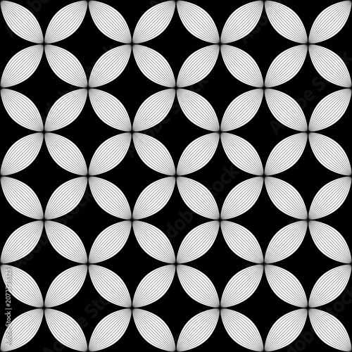 Abstract geometric floral pattern with monochrome petal shapes and repeating line design, perfect for wallpaper, textile, background, and decorative use.