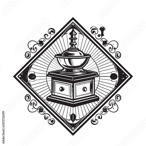 Vintage Manual Coffee Grinder Illustration Design.