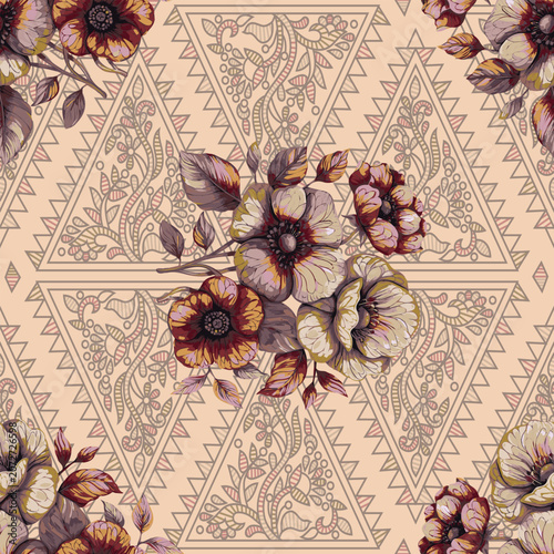 Seamless Floral Pattern with Paisley and Triangles.a floral pattern with a geometric design.