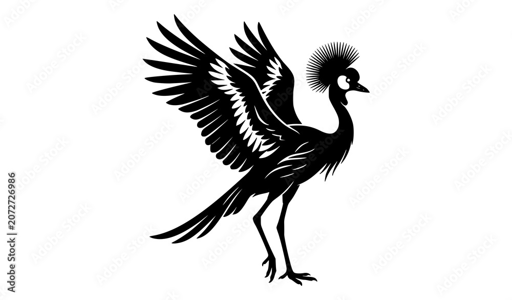 Obraz premium Dynamic African Grey Crowned Crane Black Silhouette Wild Bird Vector Illustration