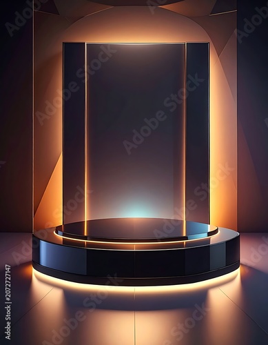 A futuristic stage with a glowing platform and backlit walls