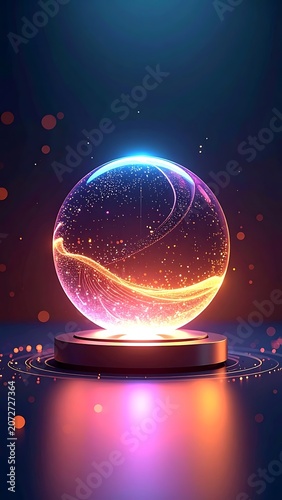 A glowing crystal ball on a stand with vibrant colors and lights