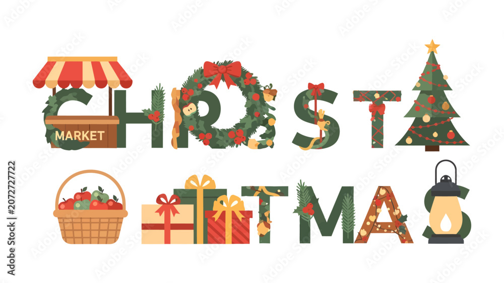 Fototapeta premium Festive Christmas Typography: A creative typographical arrangement spelling CHRISTMAS, adorned with traditional holiday symbols like a market stall, wreath, Christmas tree, gift boxes, and a lantern.