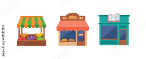 Foto Flat vector illustration set of cartoon shop icons featuring a fresh produce mar