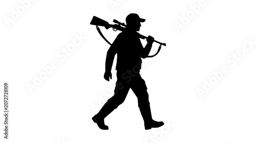 Foto Walking hunter silhouette wearing cap carrying rifle gun on shoulder side view v