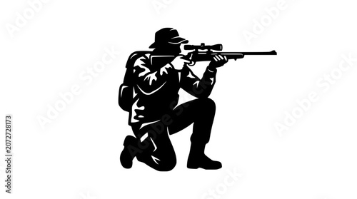 Photos Kneeling military sniper silhouette black army soldier aiming rifle with scope v