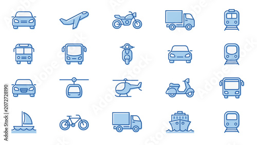 Set of blue transportation icons representing various vehicles like cars trucks planes trains and boats Vector