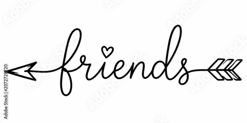 Black cursive friends word text design with a decorative arrow and heart symbol