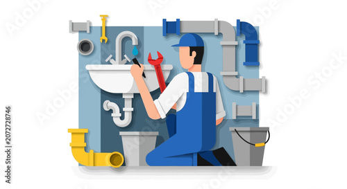 Plumber fixing sink pipe.