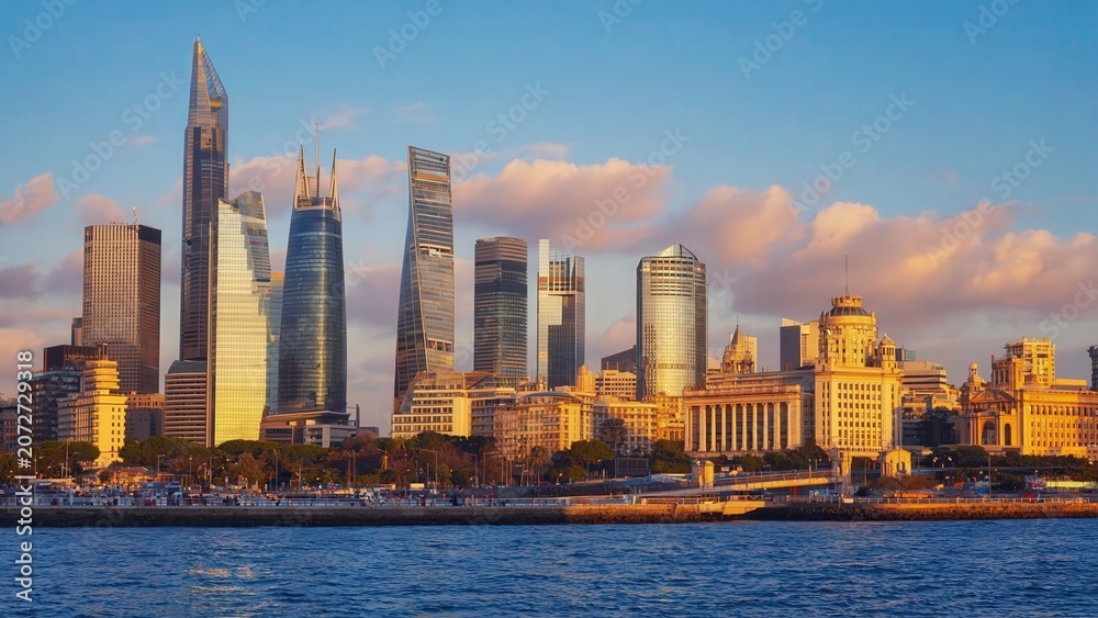 Fototapeta premium Modern waterfront skyline under blue sky