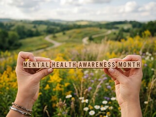 Hands holding wooden blocks with mental health awareness month text in scenic nature landscape background