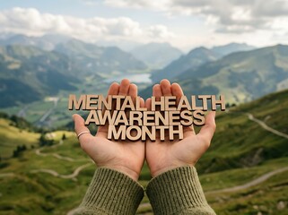Hands holding wooden letters saying mental health awareness month with scenic mountain landscape background