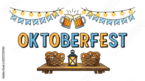 Fotografie Oktoberfest Celebration: A festive illustration captures the spirit of Oktoberfest with clinking beer mugs, warm string lights, and traditional pretzels served in baskets