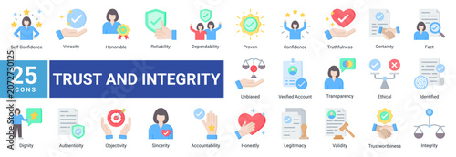 Fotografía Trust and integrity icon set featuring authenticity,verification,accountability,honesty,transparency,reliability and ethical decision-making concepts