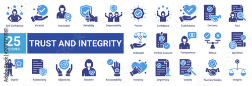 Schilderij op canvas Trust and integrity icon set featuring authenticity,verification,accountability,honesty,transparency,reliability and ethical decision-making concepts