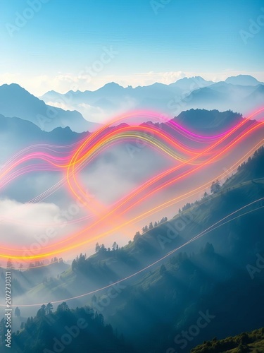Vibrant abstract lines dance across a misty mountain landscape, decoration, design