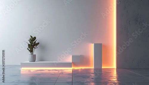 Modern minimalist interior design with lighting.