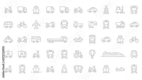 Set of simple line icons featuring various transportation vehicles like cars trucks planes ships trains and motorcycles for travel logistics and delivery design Vector