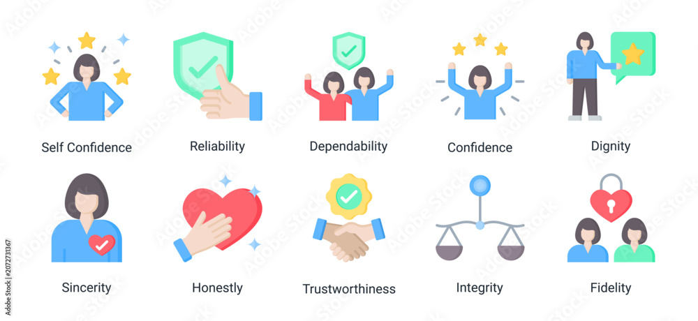 Fototapeta premium Trust foundation icon set featuring confidence,reliability,integrity,sincerity,dignity and loyalty concepts for professional and business credibility.