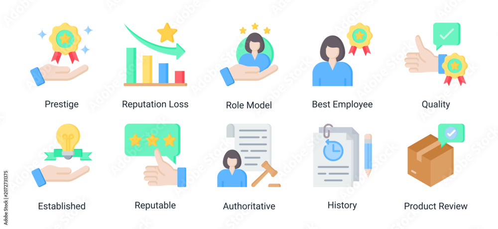 Fototapeta premium Reputation management icon set featuring prestige,quality,reviews,recognition and authority concepts for brand and professional trust.