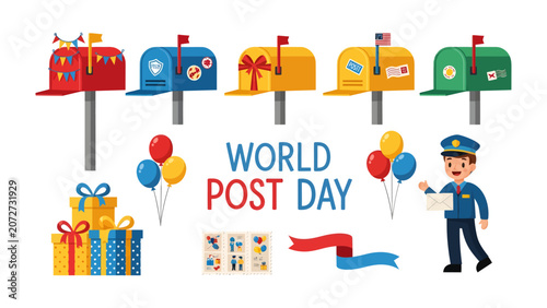 Billede på lærred World Post Day Celebration: A vibrant illustration depicts a cheerful mail carrier alongside colorful mailboxes, gift boxes, balloons, and celebratory banners