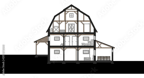 Foto Architectural cross section of a three story timber frame building