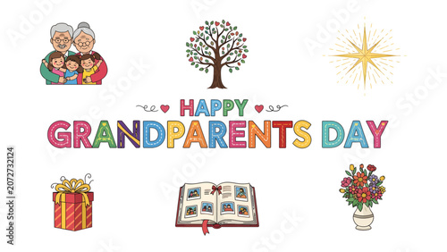 Konstfotografi Grandparents Day Celebration: A heartwarming collection of illustrations celebrates Grandparents Day with symbols of family, love, and memories, including a loving couple with grandchildren