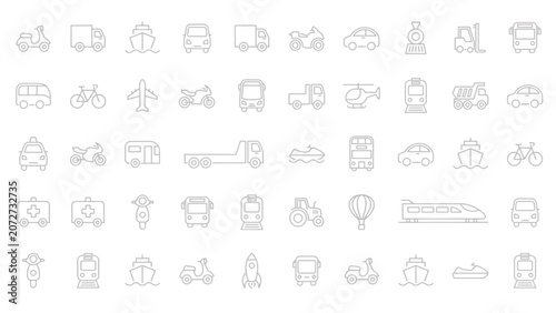Set of simple line icons representing various transportation vehicles including cars trucks planes trains and bicycles for web and mobile design Vector